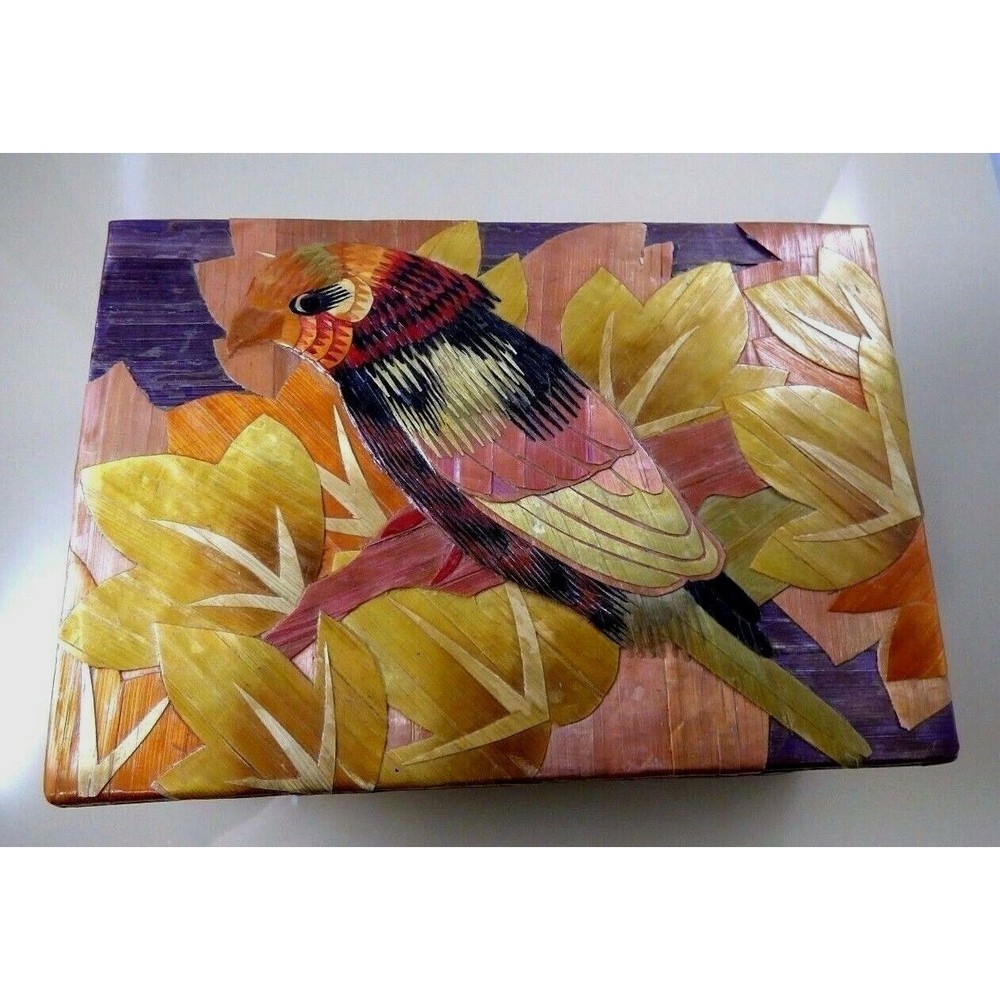Vintage Bird Trinket Jewelry Box Laminated Straw Flower Leaf Design Lined